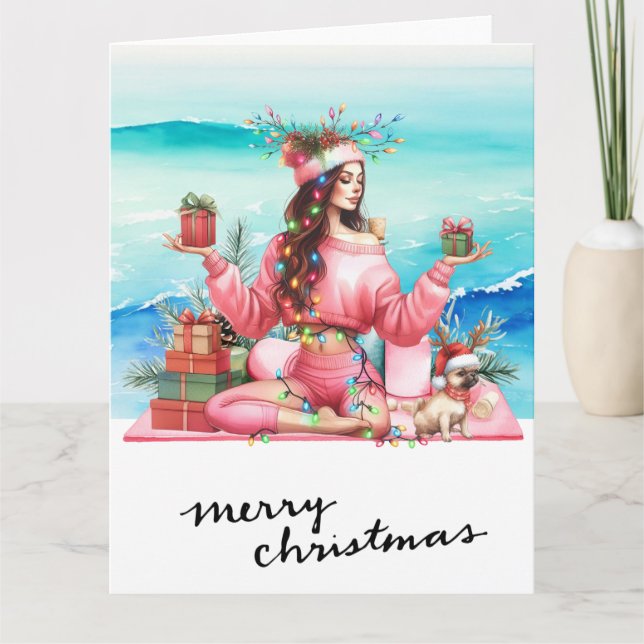 Yoga Woman with Gift at Beach Christmas themed Card (Front)