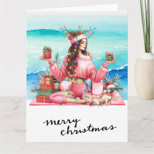 Yoga Woman with Gift at Beach Christmas themed Card