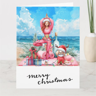Yoga Woman with Gift at Beach Christmas themed Card