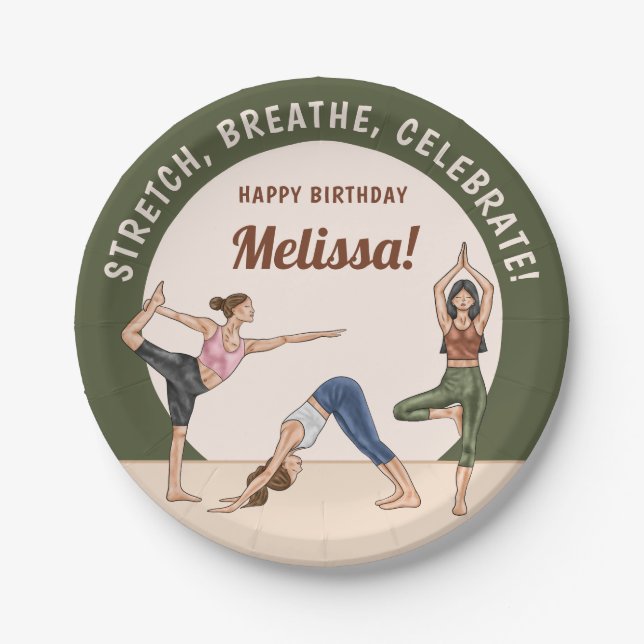 Yoga Women Green Beige Boho Yoga Birthday Party Paper Plates (Front)