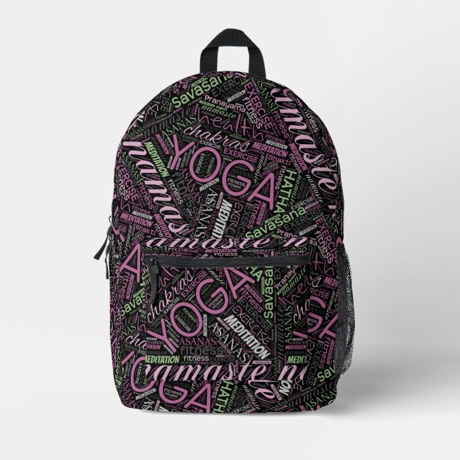 Yoga Word Cloud Plum/Green ID254 Printed Backpack (Front)