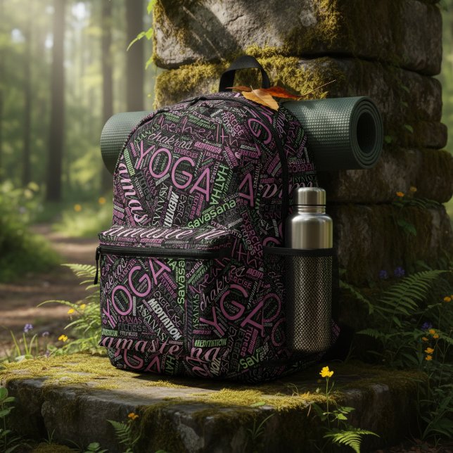 Yoga Word Cloud Plum/Green ID254 Printed Backpack (Creator Uploaded)