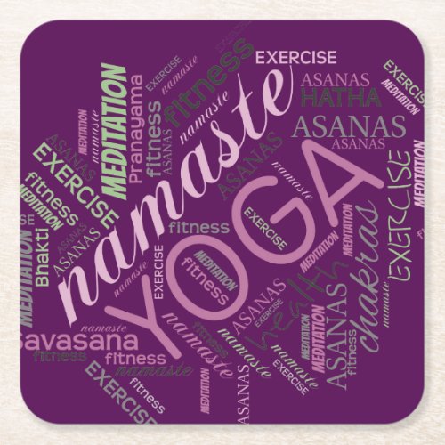 Yoga Word Cloud PlumGreen ID254 Square Paper Coaster