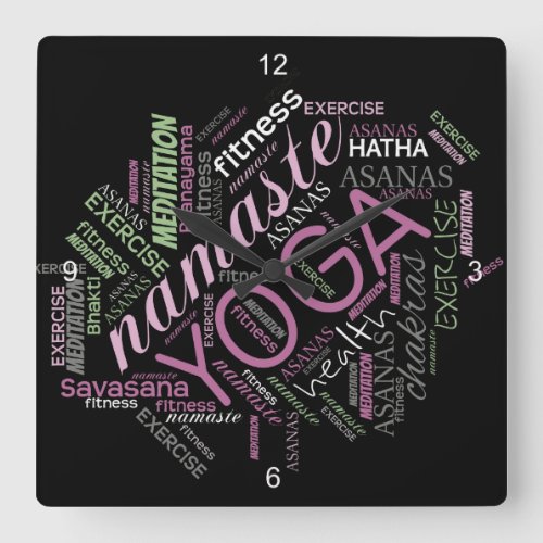 Yoga Word Cloud PlumGreen ID254 Square Wall Clock