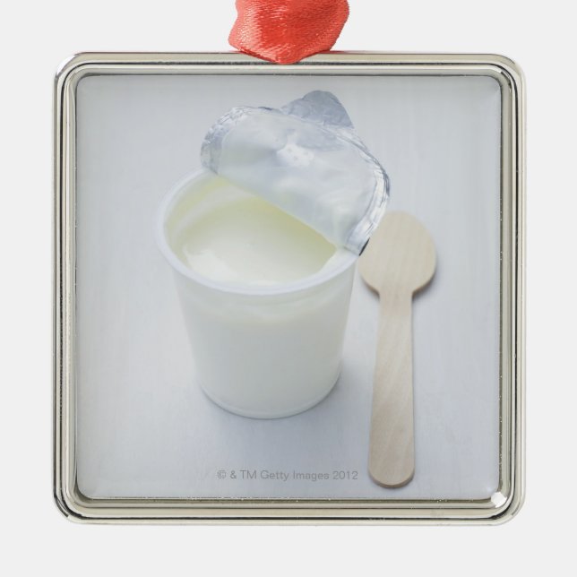 Yoghurt in opened disposable cup metal ornament (Front)