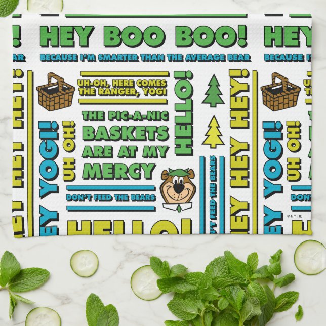 Yogi Bear's Picnic Quotes & Fun Phrases Pattern Kitchen Towel (Folded)