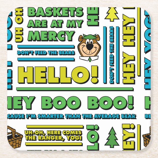 Yogi Bear's Picnic Quotes & Fun Phrases Pattern Square Paper Coaster (Front)