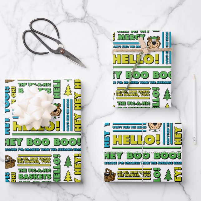 Yogi Bear's Picnic Quotes & Fun Phrases Pattern Wrapping Paper Sheets (Front)