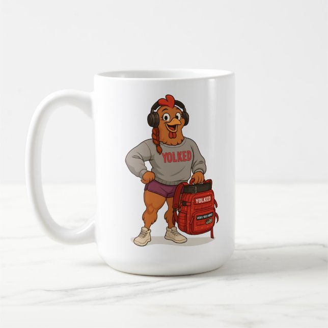 Yolked Gym Hen – Funny Chicken Fitness Workout Des Coffee Mug (Left)