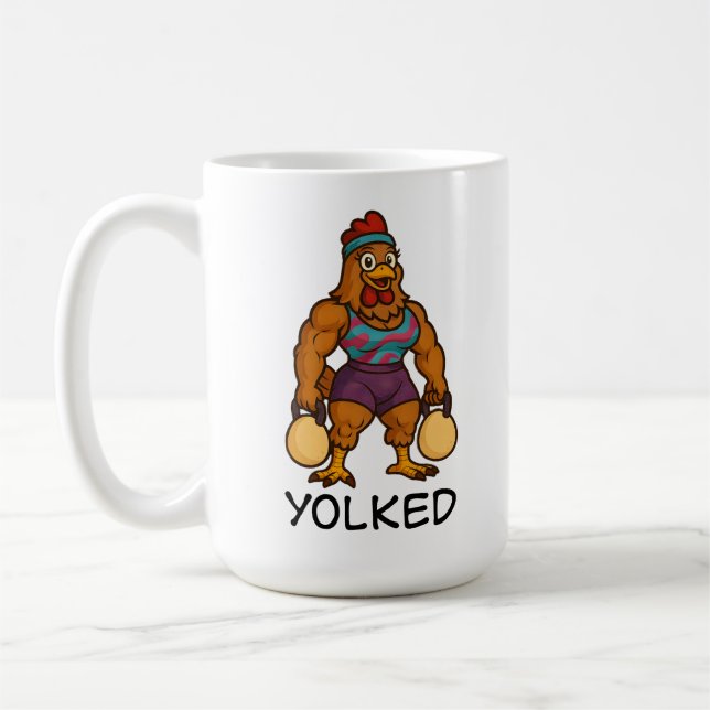Yolked Hen – Funny Strong Chicken Kettlebell Gym Coffee Mug (Left)