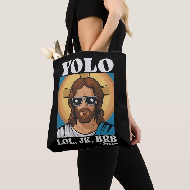 YOLO LOL JK BRB Jesus Funny Easter Tote Bag (Close Up)