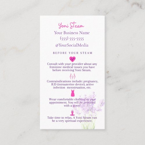 Yoni Steam PrePost Aftercare Instruction Card