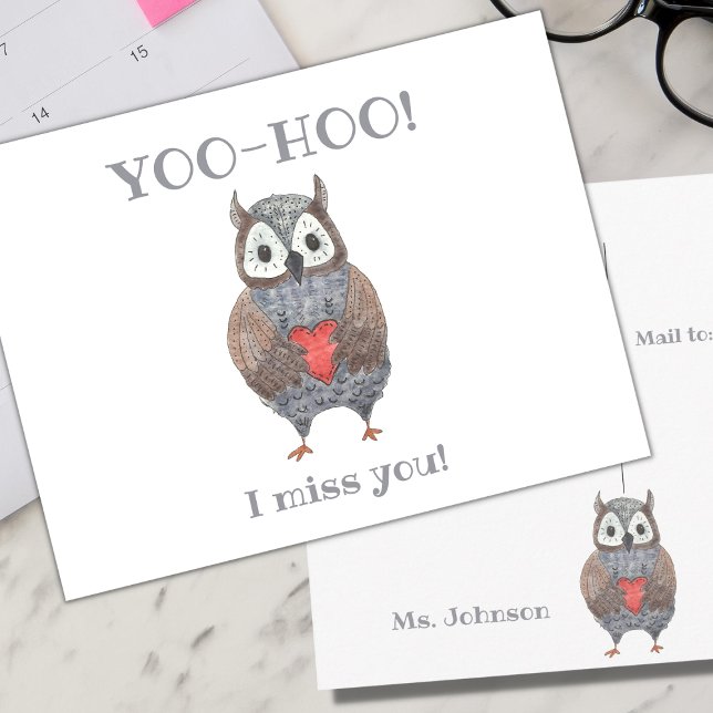 Yoo-hoo Heart Owl I Miss You School Teacher Postcard (Creator Uploaded)