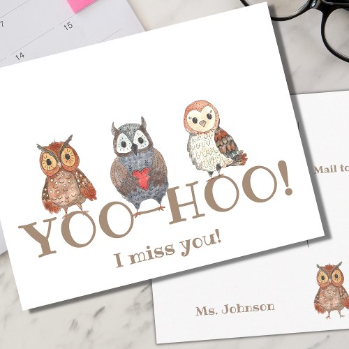 Yoo_hoo Watercolor Owls I Miss You School Teacher Postcard