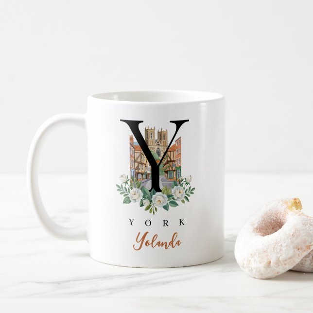York England Monogram Letter Y Personalized Gift Coffee Mug (With Donut)