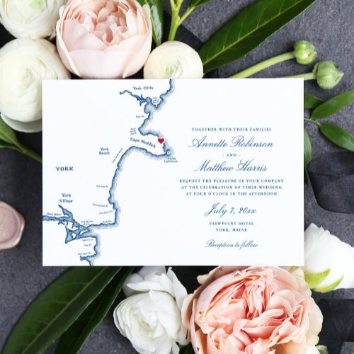 York Maine Elegant Navy Map Wedding Invitation