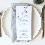 York Maine Map Elegant Navy Script Wedding Menu<br><div class="desc">These York, Maine map menus are perfect for a variety of occasions, from your Maine wedding reception, rehearsal dinner, engagement party to formal dinner. This wedding menu is the perfect fit for your destination wedding in York, Maine. Whether you're getting married at ViewPoint Hotel, having a coastal destination wedding at...</div>