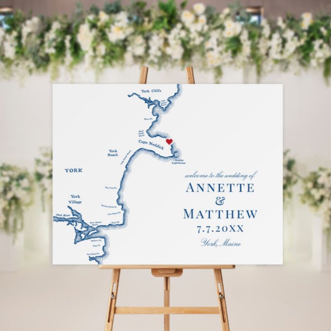 York Maine Map Elegant Navy Wedding Sign (This York, Maine map wedding welcome sign is perfect for your destination wedding in York Beach)