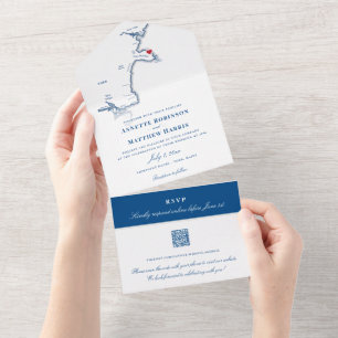 York Maine Map Elegant QR code Navy Wedding All In One Invitation