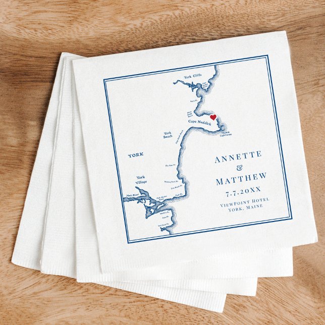 York Maine Map Elegant Wedding Napkins (These York Maine Wedding napkins are perfect for your coastal Maine destination wedding)