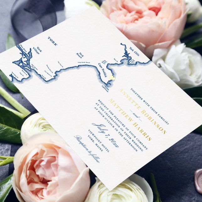 York Maine Wedding Navy and Gold  Foil Invitation (This Navy Blue and Gold foil York, Maine wedding invitation is perfect for your nautical wedding)