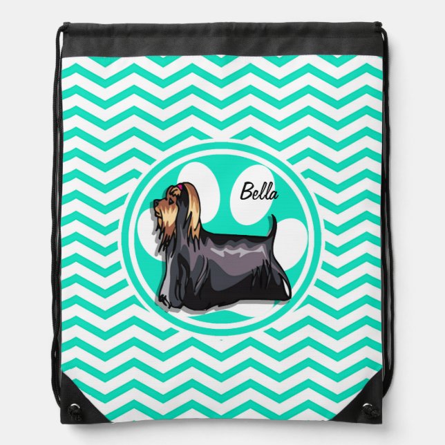 Yorkie; Aqua Green Chevron Drawstring Bag (Front)