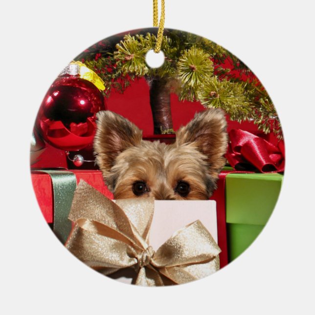 Yorkie Christmas Ceramic Ornament (Front)