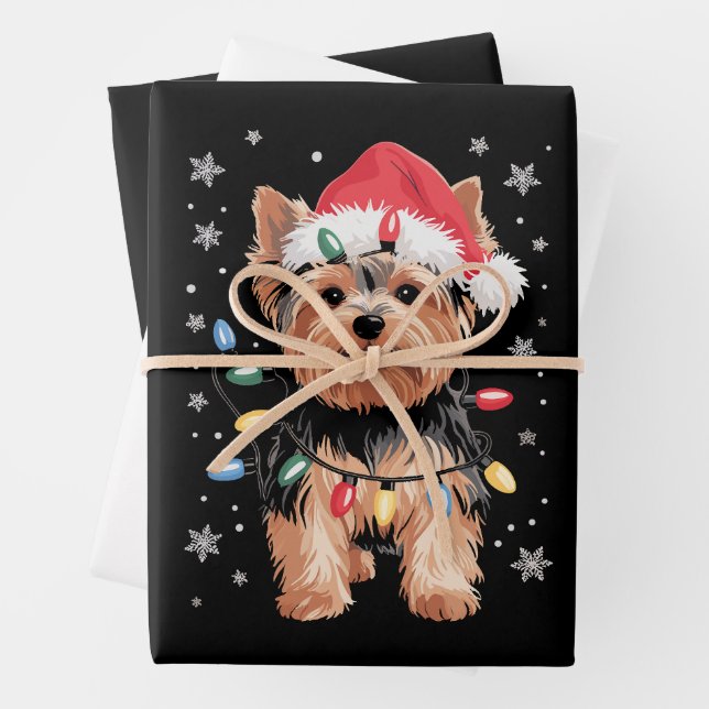 Yorkie Christmas Dog Long Xmas Gift Wrapping Paper Sheets (In situ)