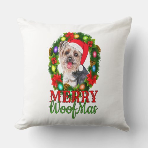 YORKIE CHRISTMAS MERRY WOOFMAS Dog Lover Yorkshire Throw Pillow