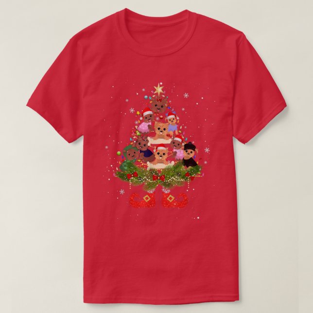 Yorkie Christmas Tree Lights Cute Santa Hat Dog Lo T-Shirt (Design Front)