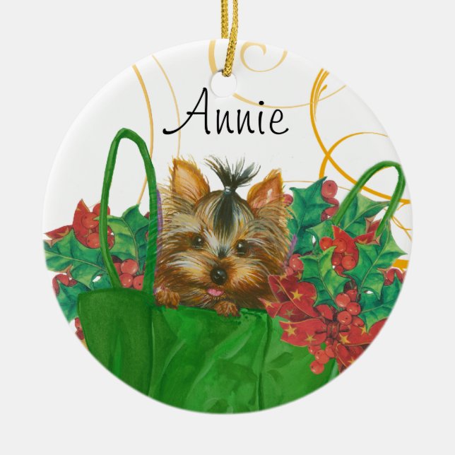 Yorkie Christmas Tree Ornament with Holly (Front)