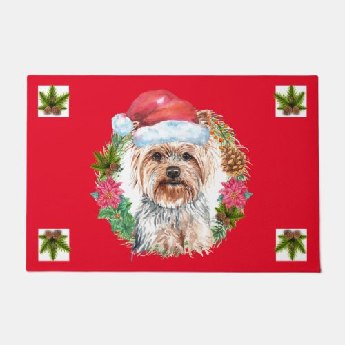 Yorkie Christmas watercolor wreath hat holiday art Doormat