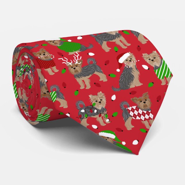 Yorkie Christmas Yorkshire Terrier Dog Neck Tie (Rolled)