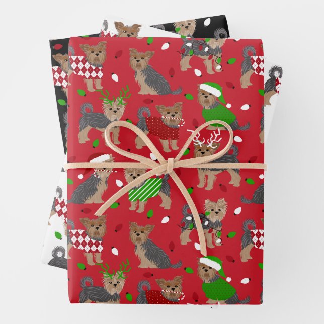 Yorkie Christmas Yorkshire Terrier Dog Wrapping Paper Sheets (In situ)