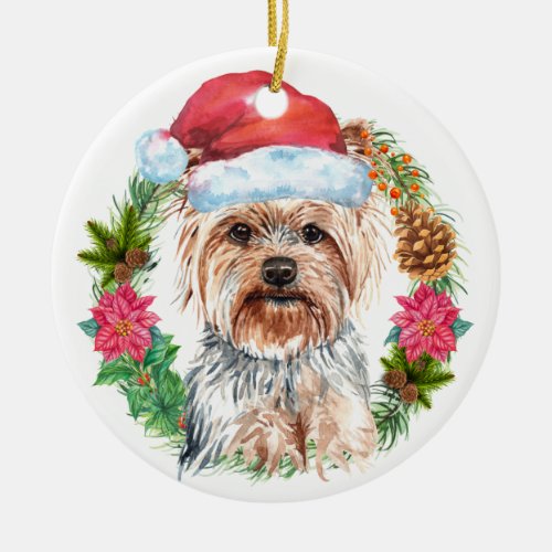 Yorkie cute watercolor Santa wreath hat art Ceramic Ornament