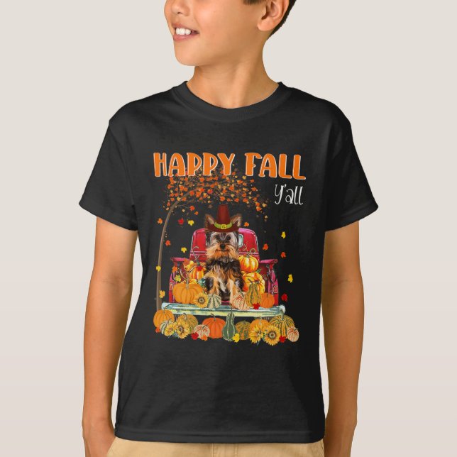 Yorkie Dog Autumn Fall Pumpkin Truck Mappe Thanksg T-Shirt (Front)