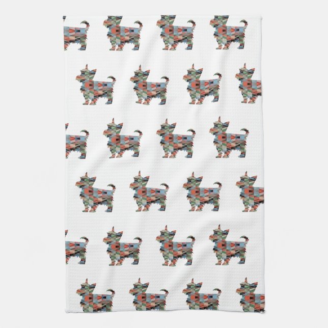 Yorkie Dog Breed Geo Silhouette Plaid Kitchen Towel (Vertical)