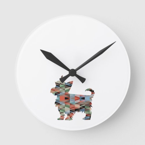 Yorkie Dog Breed Geo Silhouette Plaid Round Clock