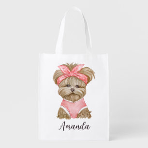Yorkie Dog Brown Puppy Pink Design with name Grocery Bag