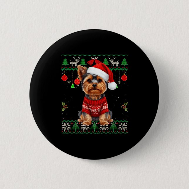 Yorkie Dog Christmas Wearing Ugly Christmas Sweate Button (Front)