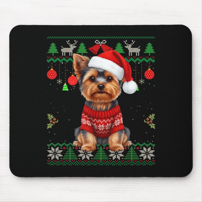Yorkie Dog Christmas Wearing Ugly Christmas Sweate Mouse Pad (Front)