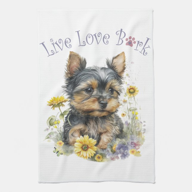 Yorkie Dog Mom Floral Kitchen Towel (Vertical)