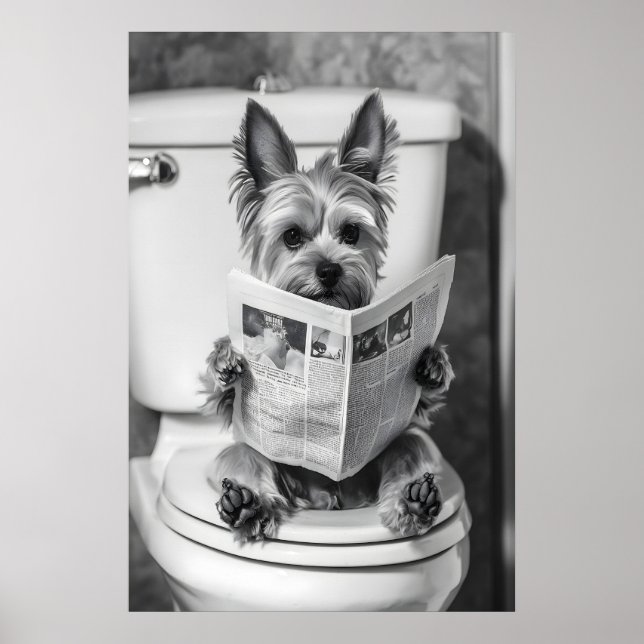 Yorkie Dog Newspaper Art, Funny Bathroom Print (Front)
