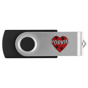 Yorkie Dog Paw Prints And Red Heart Flash Drive