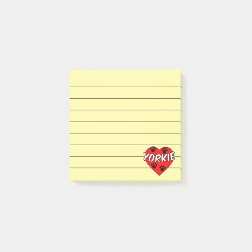 Yorkie Dog Paw Prints And Red Heart Lined 3x3 Post_it Notes