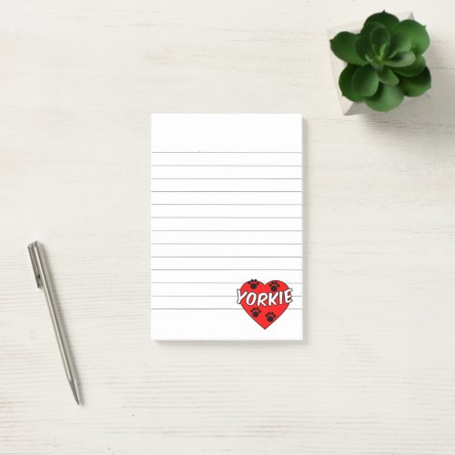 Yorkie Dog Paw Prints And Red Heart Lined Post_it Notes