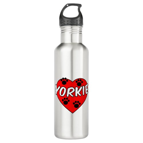 Yorkie Dog Paw Prints And Red Heart Stainless Steel Water Bottle