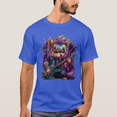 Yorkie dog Playing Electric Guitar Rock  T_Shirt