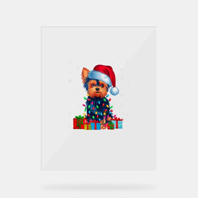 Yorkie Dog Ugly Xmas Lights Santa Hat Yorkie Dog C Acrylic Sign (Front)