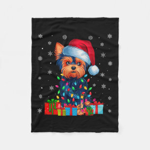 Yorkie Dog Ugly Xmas Lights Santa Hat Yorkie Dog C Fleece Blanket